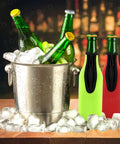 Insulated Beer Bottle Koozies Set Of Four Color Covers Keeps Drinks Cold And Hands Warm With Thick Neoprene And Stitched Edges Zip Up Bottle Jackets Enclosed Bottom For Regular 12 Oz Bottles in use with ice bucket and beer bottles