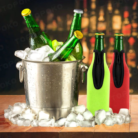 Insulated Beer Bottle Koozies Set Of Four Color Covers Keeps Drinks Cold And Hands Warm With Thick Neoprene And Stitched Edges Zip Up Bottle Jackets Enclosed Bottom For Regular 12 Oz Bottles in use with ice bucket and beer bottles