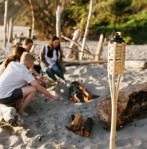 Easy Pour 12 Pack Bamboo Torch Set With Classic Weave Brown Finish Outdoor Lawn Patio Garden Lighting at beach campfire
