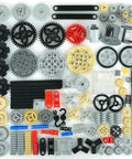 MaleKo Tech Gears And Axles Set Over 120 Pieces for MOC car building blocks with gears, wheels, and pins arranged flat