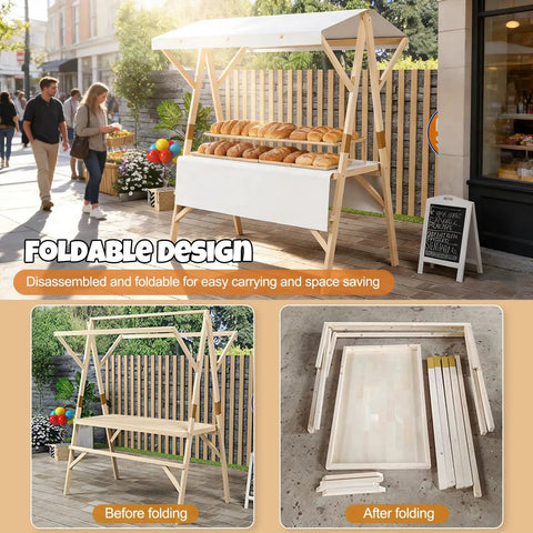 Collapsible Wooden Vendor Cart With Canopy Hella Spacious Market Stall Rack For Street Food And Outdoor Events Built Tough With Quick Snap Assembly Sweet Olive Green Finish Plus Ample Counter Space For Your Mobile Business Gear, showcasing foldable design and baker's display.