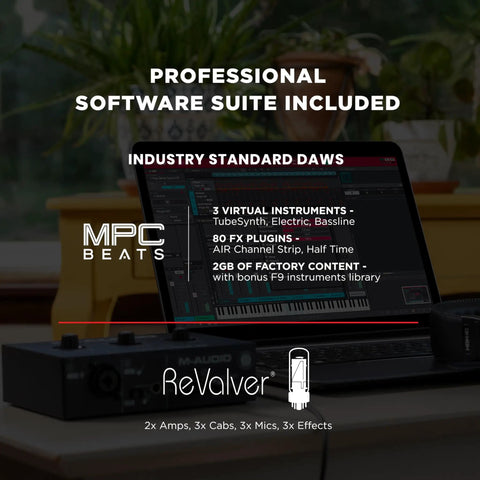 M-Track Solo USB Audio Interface for recording, streaming, and podcasting shown with laptop and software suite on screen