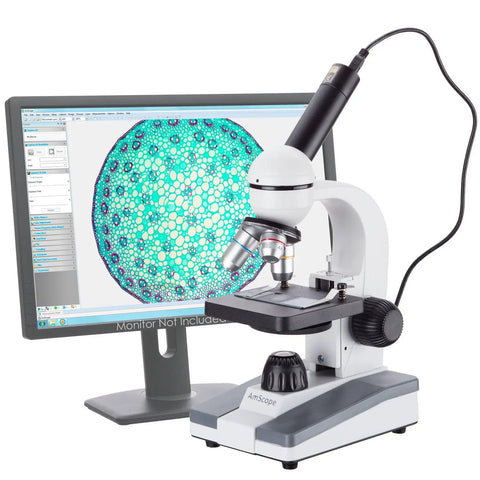 Budget-Friendly Monocular Compound Microscope With 1000x Magnification And 360 Degree Rotating Head LED Illumination WF10x WF25x Eyepieces 0.3MP Camera And Windows Software Battery Or 110V Power Brightfield Simple Setup For Students And Hobbyists displaying cell structure on monitor