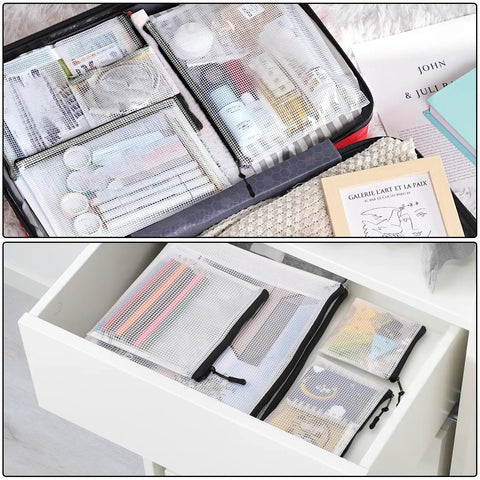 30 Piece Multisize Mesh Zipper Pouch Set For Travel And Home Organization Waterproof Plastic Document Bags In 8 Sizes With Color Labels stored in drawer and suitcase