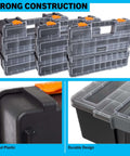 Three In One Portable Tool Box Organizer With Fifty Two Customizable Compartments for hardware storage, shown with clear lids.