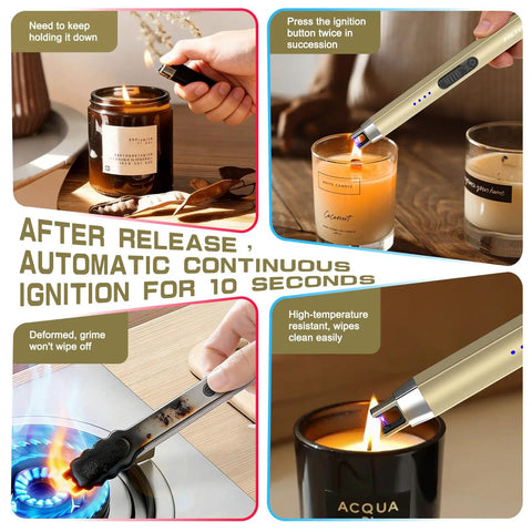 Upgraded USB C Rechargeable Flameless Plasma Arc Lighter with LED displayed igniting candles, showing windproof feature and safety lock