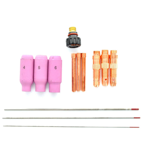 PTA-17 Torch Parts Kit With Collets, Collet Bodies, Back Cap, Alumina Nozzles, Tungsten Electrodes, And Reclosable Carry Box