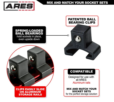Close-up of patented ball bearing clips for Aluminum Socket Rail Organizer for Quarter Inch Drives Three Eighths Inch Drives and Half Inch Drives Holds Up To Sixteen Sockets Keeps Them Locked In Place And Your Tool Box Neat And Ready To Roll, showing spring-loaded mechanism and compatibility features.