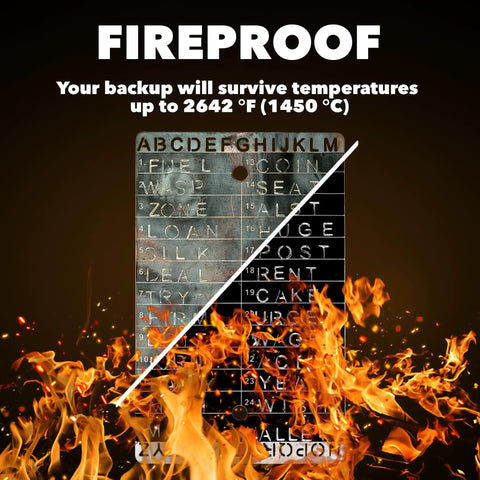 Metal Seed Phrase Plate For Crypto Wallets, 24 Word Plus 25th Word Engraving, fireproof steel plate with flames, text overlay