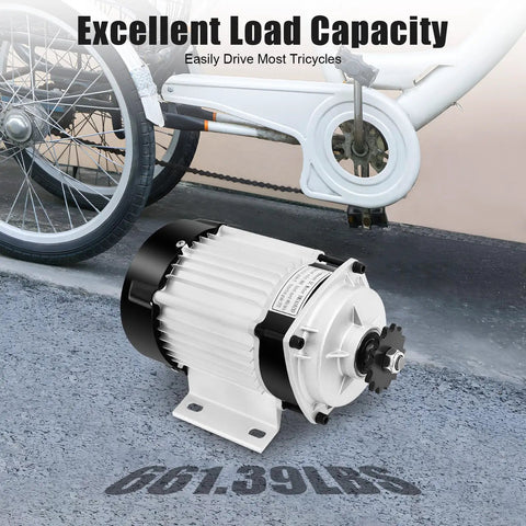 48V 750W Brushless DC Motor Kit for DIY Tricycle Conversion with white tricycle frame and load capacity of 661 lbs.