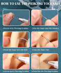 Steps to use Titanium Piercing Threader Tool Kit For 14G 16G 18G 20G Insertion And Stretching with images of tool in action.