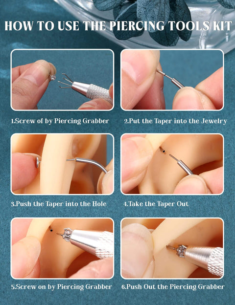 Steps to use Titanium Piercing Threader Tool Kit For 14G 16G 18G 20G Insertion And Stretching with images of tool in action.