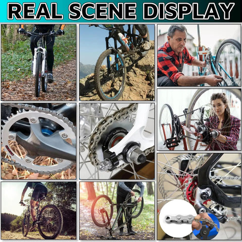 Collage showcasing Durable 6/7/8 Speed Bicycle Chain 1/2 Inch By 3/32 Inch, 116 Links in various biking and repair scenes.