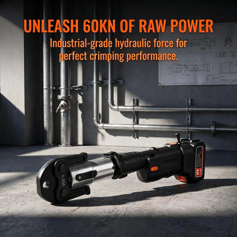 Heavy Duty 18V Electric Pipe Crimping Tool Kit With 60KN Force And High Carbon Steel Head on a concrete floor, showing hydraulic details.