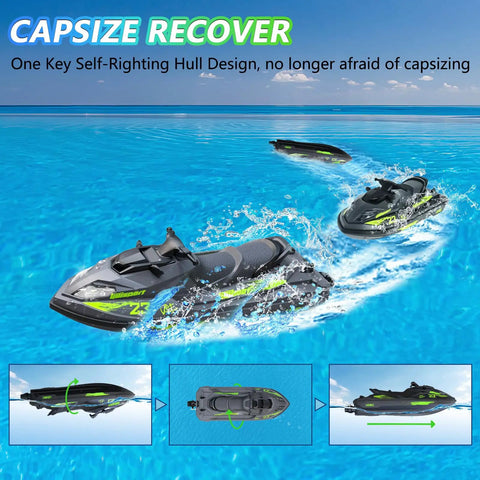 High Speed RC Boat For Kids And Adults With Jet Pump Propulsion 20 KMH Shallow V Hull Hidden Propeller in pool showing capsize recovery