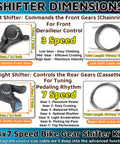 Diagram showing 3x7 Speed Bike Gear Shifter Kit dimensions including TX-30 levers and cables for Premium 3x7 Thumb Shifter Set