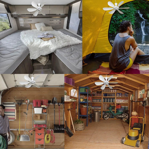 Silent USB Powered Ceiling Canopy Fan With 1m Extension Cord in RV, tent, garage, and shed settings.