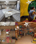 Ultra Quiet USB Ceiling Fan With Remote And Timer installed in various small spaces like RV, tent, garage, and shed.