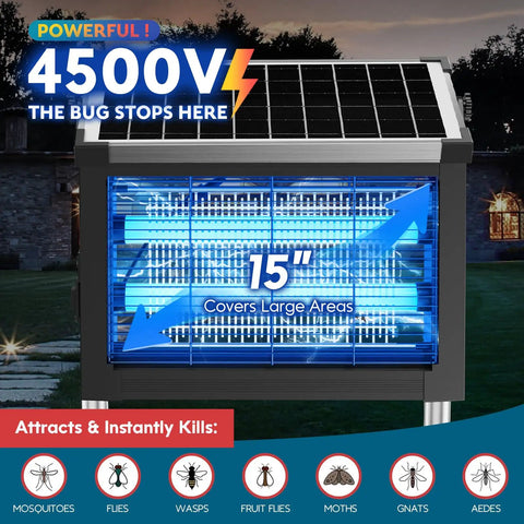 Solar Bug Zapper Outdoor Mosquito Killer 4500V Waterproof Portable Cordless Fly Trap with 15-inch light grid