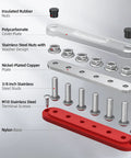 Badass Heavy Duty 300A 12V Bus Bar Power Distribution Block For Marine Boat Solar RV Featuring Six Sturdy Studs Nickel Plated Copper Core Dead Simple Terminal Kit With Top Tier Lugs components breakdown including copper plate, screws, and nuts.