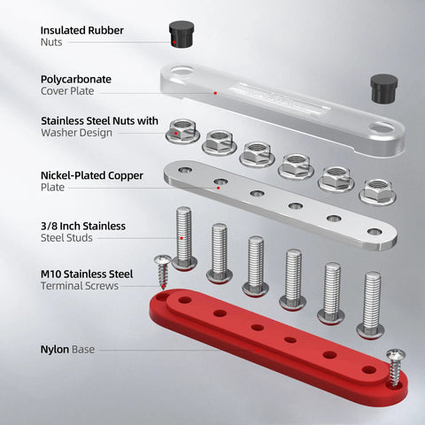 Badass Heavy Duty 300A 12V Bus Bar Power Distribution Block For Marine Boat Solar RV Featuring Six Sturdy Studs Nickel Plated Copper Core Dead Simple Terminal Kit With Top Tier Lugs components breakdown including copper plate, screws, and nuts.