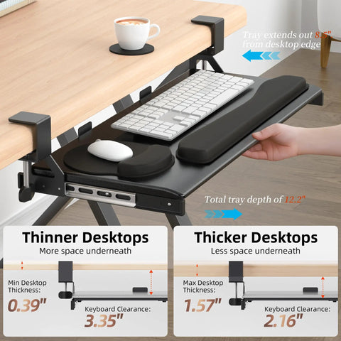 Under Desk Keyboard Tray 25 Inch With Wrist Rest Mouse Pad Cup Mat Lightweight Slide Out Tray Easy Clamp Adjustable