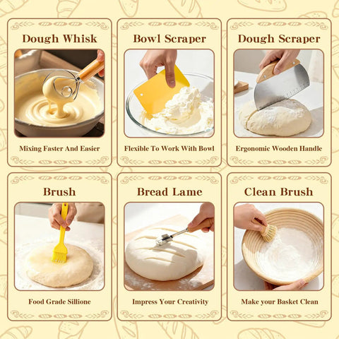 Dough whisk, bowl scraper, and brush from No Brainer All In One Sourdough Starter Kit For Beginners with Banneton Proofing Baskets.