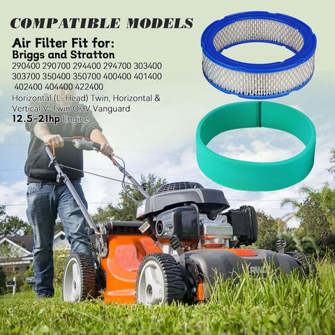 Air Filter Replacement Pack for Briggs and Stratton Vanguard V Twin Engines 16HP 18HP 392642 with pre-filter shown with lawn mower