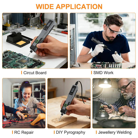 Sweet Cordless Soldering Iron Kit with 5 Second Heat Up in use for circuit boards, SMD work, RC repair, DIY pyrography, and jewelry welding.