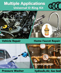 Collage showing 32 Size 705 Piece Plumbing Washers And O Ring Kit 2 In 1 for vehicle, faucet, pressure washer, and gas sealing uses.