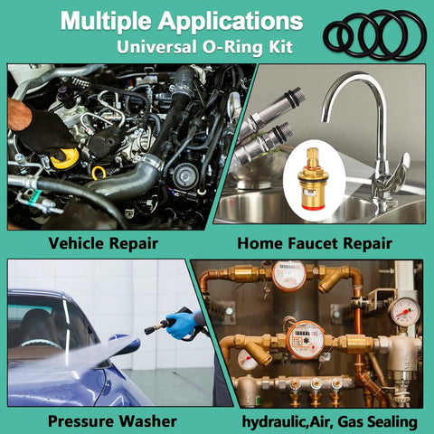 Collage showing 32 Size 705 Piece Plumbing Washers And O Ring Kit 2 In 1 for vehicle, faucet, pressure washer, and gas sealing uses.