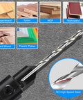 Front view of Amazon 5-piece countersink drill bit set with 1/4 in hex shank, M2 high-speed steel