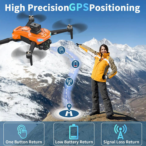 4K GPS Drone With Real Time FPV 5GHz Quad Copter Auto Return Home in mountains with precise GPS positioning features displayed.