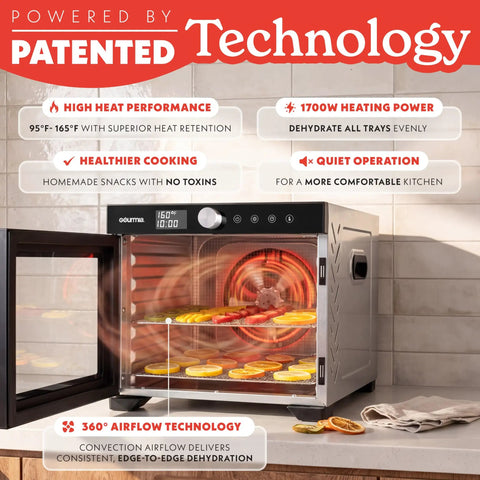 Slick Digital Food Dehydrator With Six Heavy Duty Trays, Smooth 360 Airflow Tech, One Touch Time Presets, Quick Dry Setup For Homemade Jerky Fruits And Herbs, Total Snacking Upgrade with sliced fruits inside.