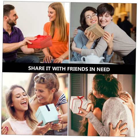 Images of people exchanging gift boxes in various social settings, showing acts of sharing and kindness.