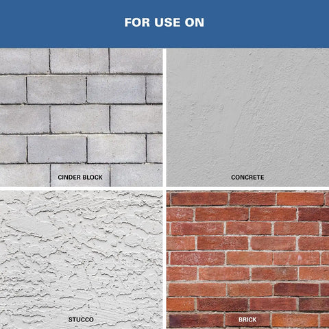 Surfaces for Basement And Masonry Waterproofing Paint For Inside And Outside Use White 1 Gallon including cinder block, concrete, stucco, and brick.