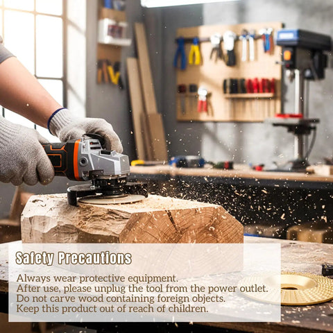 Pro Grade Wood Carving Disc Kit For 4 And 4.5 Inch Angle Grinders with 7/8 Inch Arbor in use on wooden block