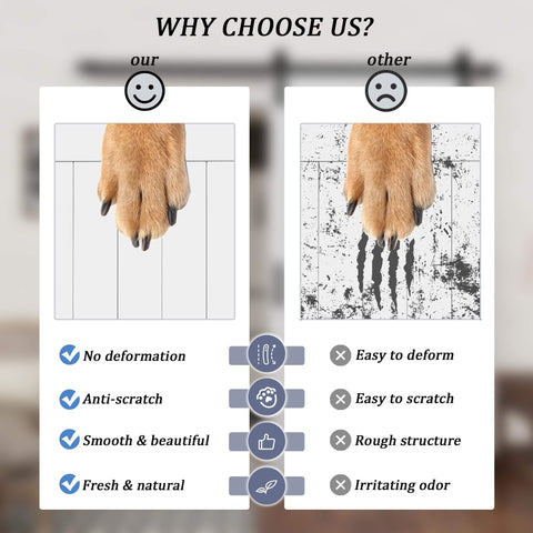 Comparison of dog paws on sliding barn door showing anti-scratch features versus scratched surface with benefits listed.