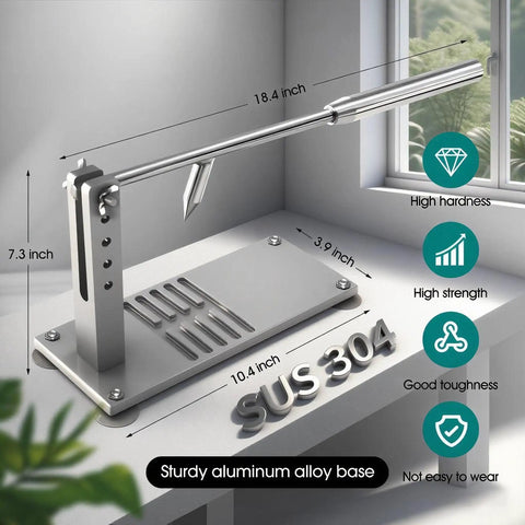 Oyster Shucker Machine Opener Set with pro grade aluminum base, 6 groove stabilizers, and solid stainless steel pry bar on counter.