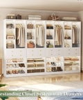 Big League White Closet Organizer System With Eight Deep Drawers And Triple Layer Shoe Rack Knocks It Out As A Hella Spacious Free Standing Tower Rack For Walk In Rooms And Large Bedrooms, showcasing organized clothes, shoes, and bags.