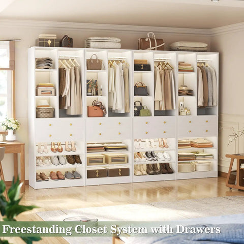 Big League White Closet Organizer System With Eight Deep Drawers And Triple Layer Shoe Rack Knocks It Out As A Hella Spacious Free Standing Tower Rack For Walk In Rooms And Large Bedrooms, showcasing organized clothes, shoes, and bags.