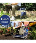 Foldable Garden Kneeler And Seat 2 In 1 Heavy Duty Bench with 10 inch wide detachable kneeling pad, large tool bag on grass