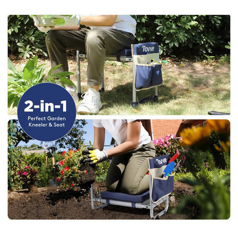 Foldable Garden Kneeler And Seat 2 In 1 Heavy Duty Bench with 10 inch wide detachable kneeling pad, large tool bag on grass