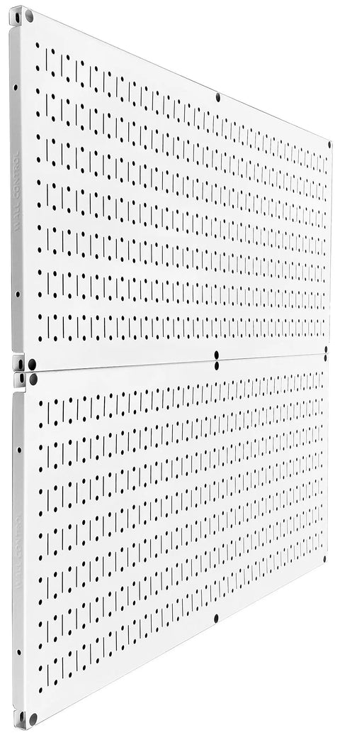 Heavy Duty White Steel Pegboard Panels Set Two 32 By 16 Inch For Garage And Home Shop Organization Built Tough Metal Pegboard Wall Mount System For Tool Storage, side view