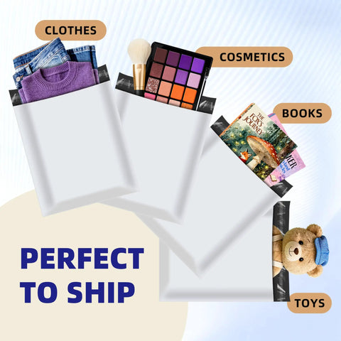 100 Pack 10x13 Poly Mailers For Ecommerce Shipping Waterproof Tear Resistant Self Seal Bags with clothes, cosmetics, books, and toys