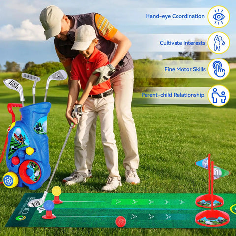 Toddler Golf Set With Shoulder Strap For Kids Aged 2 To 5 Portable Golf Clubs Cart And Putting Mat Indoor Outdoor Play Toy Blue Safe Durable Plastic With Oversized Balls For Gentle Safe Fun