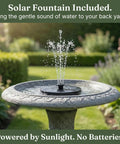 Pedestal Bird Bath With Solar Fountain For Outdoor Garden Decor Resin Stone Composite Standing Bird Bath For Patio And Yard No Fuss Install 23 Inch Tall Hummingbird Bowl Water Feature with solar fountain in operation, green garden background.