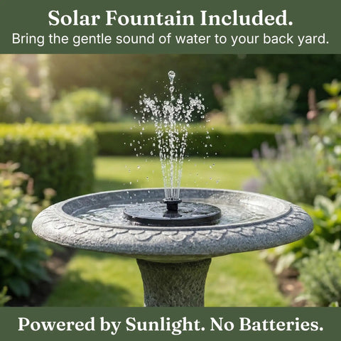 Pedestal Bird Bath With Solar Fountain For Outdoor Garden Decor Resin Stone Composite Standing Bird Bath For Patio And Yard No Fuss Install 23 Inch Tall Hummingbird Bowl Water Feature with solar fountain in operation, green garden background.