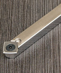 90° carbide woodturning tool for acrylic/resin; 12-inch unhandled stainless steel shaft, close-up view.