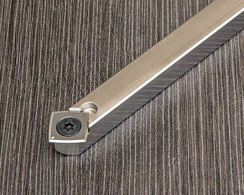 90° carbide woodturning tool for acrylic/resin; 12-inch unhandled stainless steel shaft, close-up view.